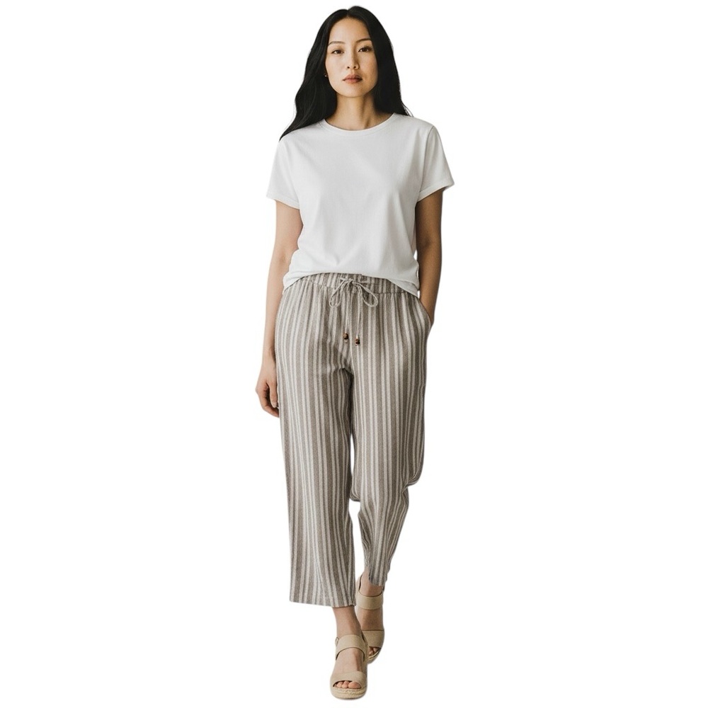 LAND n SEA Linen Blend Striped Tan/White Wide Leg Pants Size XL -- COASTAL VIBES - Picture 2 of 9
